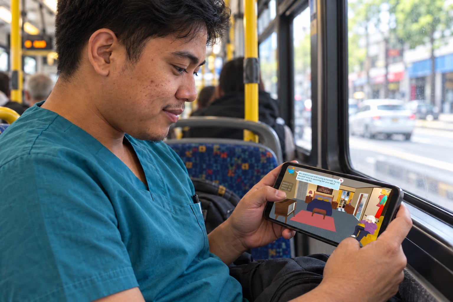 A care worker in scrubs playing CarePlay on a phone on the bus