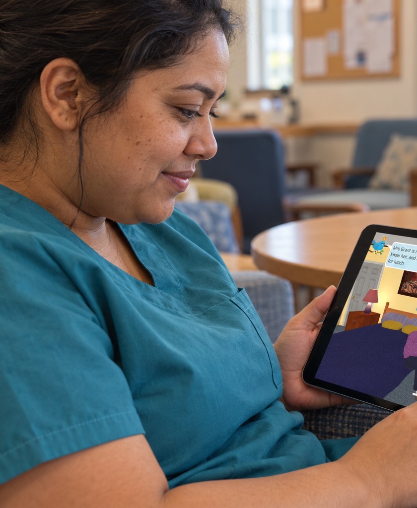 A care worker playing CarePlay on an iPad at work
