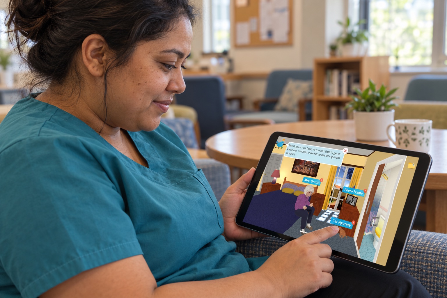 A care worker playing CarePlay on an iPad at work
